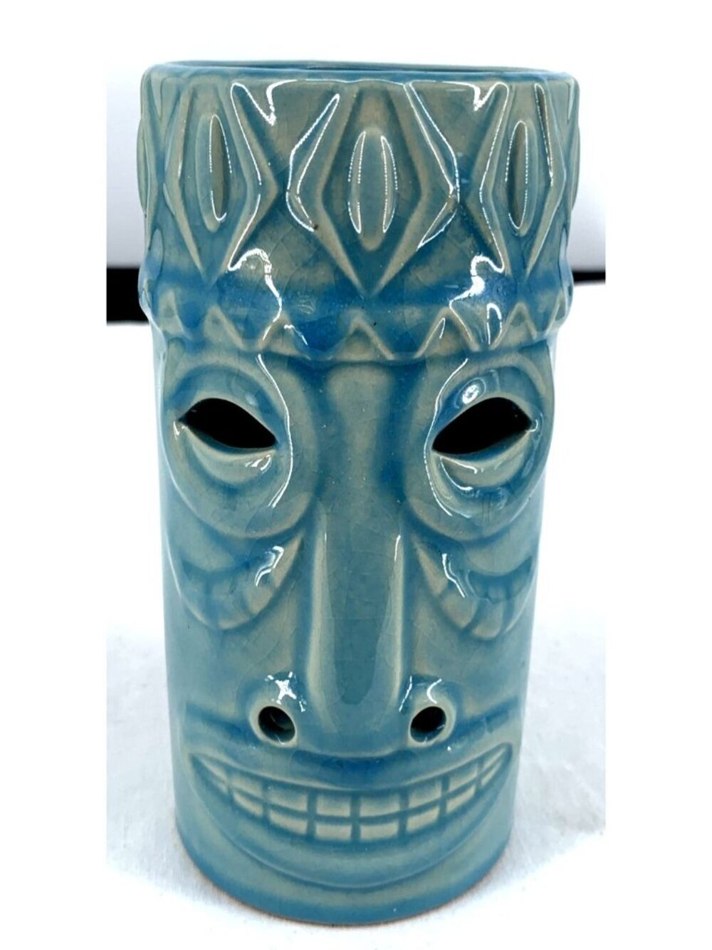 Tiki Mask Tea Light Candle Holder Ceramic Votive Luminary Blue 6"